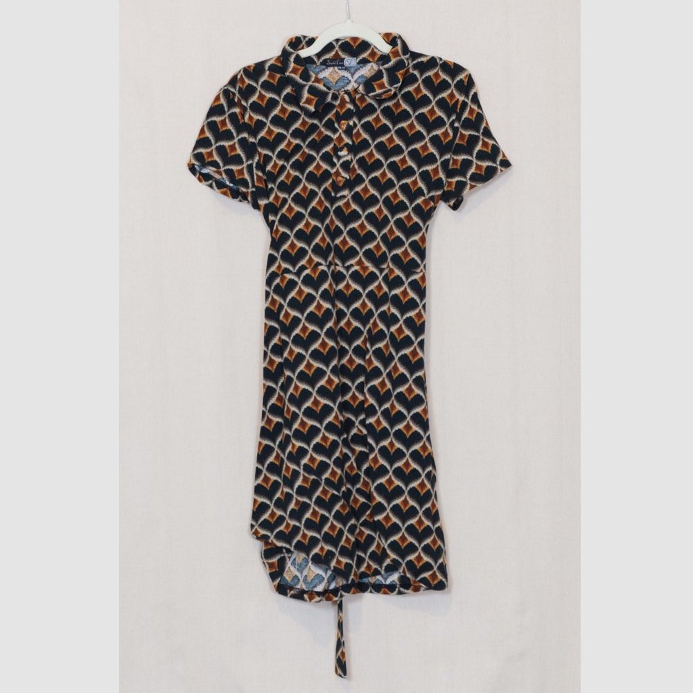 90's vintage style patterned collared short sleeve midi dress